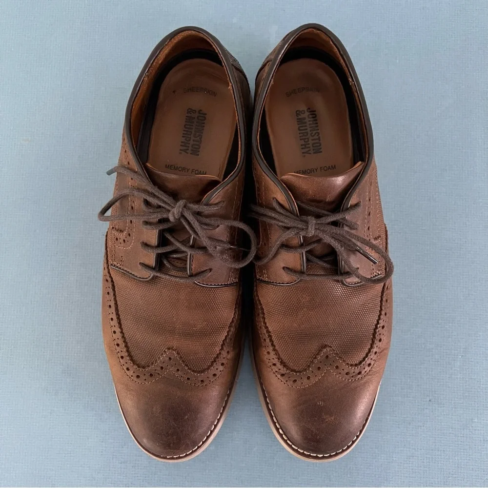 Johnston &‎ Murphy Holden Embossed Brown Leather Oxford Wingtip Dress Shoes